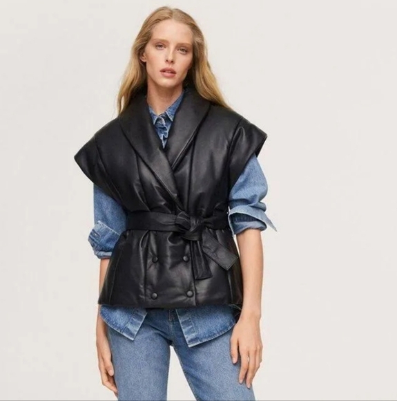JASON WU Double breasted vegan leather vest black w/removable sash belt.Size L - Picture 1 of 15